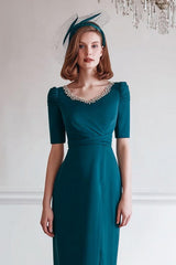 Sparkly Peacock Blue Round Neck Midi Mother of the Bride Dress with Slit