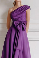 Grape A Line One Shoulder Midi Mother of the Bride Dress with Bow