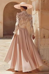Candy Pink High Neck A Line Long Mother of the Bride Dress with Lace