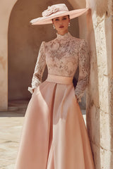 Candy Pink High Neck A Line Long Mother of the Bride Dress with Lace