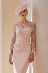 Blush Pink Illusion Boat Neck Bodycon Midi Mother of the Bride Dress with Lace