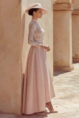 Candy Pink High Neck Long Mother of the Bride Dress with Lace