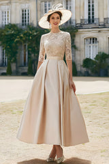 Blush Pink A Line Satin Long Mother of the Bride Dress with Lace