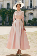 Blush Pink A Line Satin Long Mother of the Bride Dress with Lace