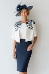 Navy Bodycon Floral 2 Piece Short Mother of the Bride Dress