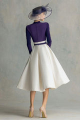 Plum High Neck Satin Midi Mother of the Bride Dress with Sleeves