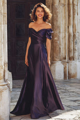 Plum Sheath Off the Shoulder Long Mother of the Bride Dress