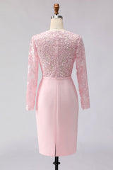 Blush Pink Illusion Boat Neck Midi Mother of the Bride Dress with Lace