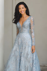 Blue and Silver A Line V-Neck Long Lace Mother of the Bride Dress with Sleeves