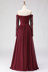 Cabernet Chiffon Off the Shouldler Long Sleeves Mother of the Bride Dress with Lace