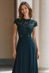 Peacock Green Round Neck Chiffon A-Line Long Mother of the Bride Dress with Appliques