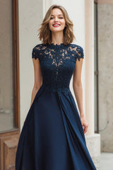 Navy Round Neck A-Line Chiffon Long Mother of the Bride Dress with Lace