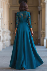Peacock Blue High Neck Chiffon A-Line Long Mother of the Bride Dress with Lace