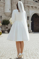 Plus Size Ivory Satin Short A Line Wedding Dress with Sleeves