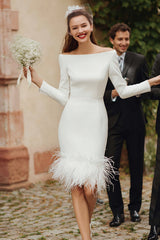 Ivory Bodycon Satin Short Wedding Dress with Feathers