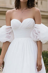Ivory A Line Organza Off the Shoulder Midi Wedding Dress