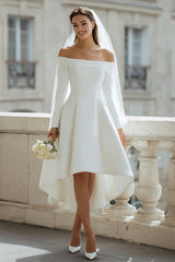 Ivory Off the Shoulder Satin High-Low Wedding Dress with Sleeves