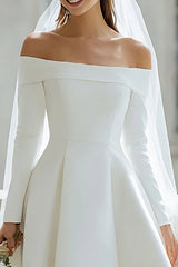 Ivory Off the Shoulder Satin High-Low Wedding Dress with Sleeves