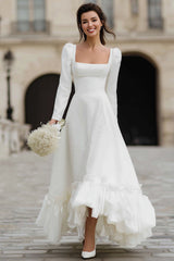 Ivory Satin A Line Ruffled Maxi Engagement Dress with Sleeves
