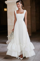 Ivory A Line Satin Tiered Maxi Engagement Dress with Ruffles