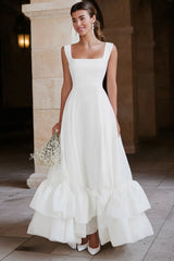 Ivory A Line Satin Tiered Maxi Engagement Dress with Ruffles