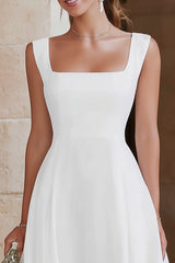 Ivory A Line Satin Tiered Maxi Engagement Dress with Ruffles
