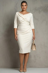 Simple Ivory Pencil Ruched Midi Work Dress with Slit