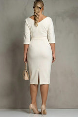 Simple Ivory Pencil Ruched Midi Work Dress with Slit