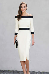 Black and White Off the Shoulder Pencil Midi Work Dress with Sleeves