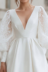 Ivory V-Neck Satin A Line Short Wedding Dress with Lace