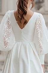 Ivory V-Neck Satin A Line Short Wedding Dress with Lace