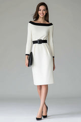 Black and White Pencil Midi Work Dress with Belts