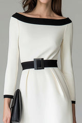 Black and White Pencil Midi Work Dress with Belts
