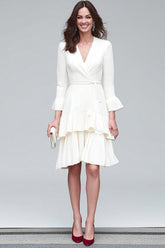 Ivory V-Neck Tiered A Line Midi Work Dress with Sash