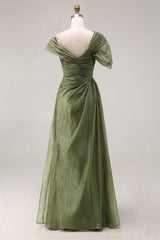 Dusty Sage Chiffon A Line Ruched Long Formal Dress with Side Cape