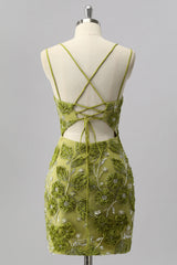 Sparkly Green Cut Out Tight Floral Short Homecoming Dress with Beading