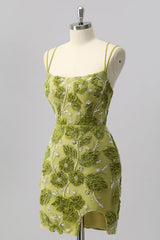Sparkly Green Cut Out Tight Floral Short Homecoming Dress with Beading