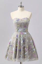 Sparkly Grey Sweetheart Floral Short Homecoming Dress with Beading