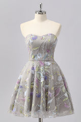 Sparkly Grey Sweetheart Floral Short Homecoming Dress with Beading