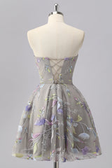 Sparkly Grey Sweetheart Floral Short Homecoming Dress with Beading