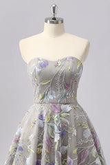 Sparkly Grey Sweetheart Floral Short Homecoming Dress with Beading