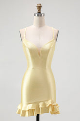 Sparkly Yellow Spaghetti Straps Satin Ruffled Tight Short Homecoming Dress with Beading