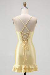 Sparkly Yellow Spaghetti Straps Satin Ruffled Tight Short Homecoming Dress with Beading