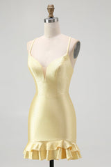 Sparkly Yellow Spaghetti Straps Satin Ruffled Tight Short Homecoming Dress with Beading