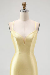 Sparkly Yellow Spaghetti Straps Satin Ruffled Tight Short Homecoming Dress with Beading