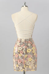 Sparkly Yellow Sequin Floral Backless Tight Short Homecoming Dress