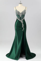 Sparkly Dark Green Mermaid Satin Long Corset Prom Dress with Beading