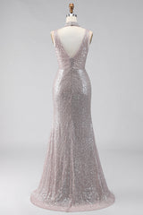 Sparkly Dark Silver Sequin V-Neck Mermaid Long Formal Dress with Slit
