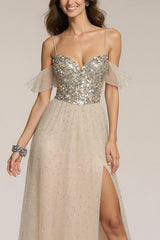 Sparkly Champagne Spaghetti Straps Sequin A-Line Long Formal Dress with Slit