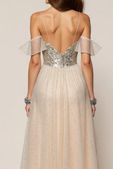 Sparkly Champagne Spaghetti Straps Sequin A-Line Long Formal Dress with Slit